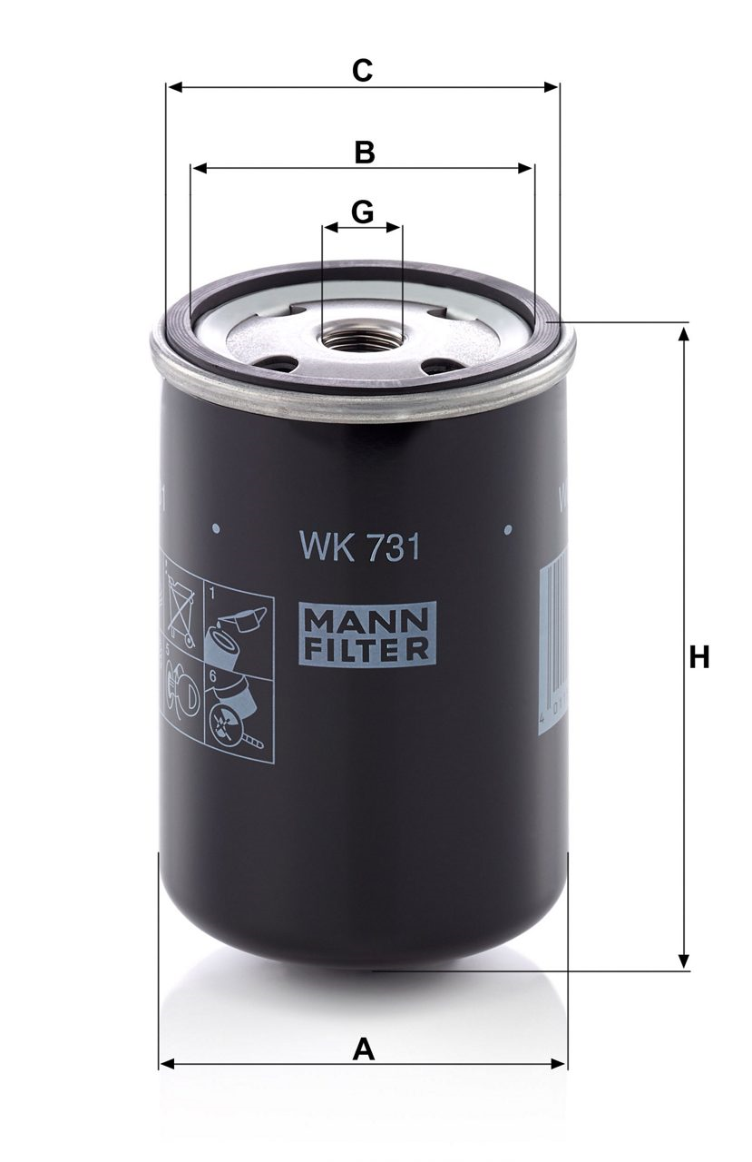 MAZOT FILTRESI IVECO-MAN-VOLVO WK 731 ( 10 )    A-76mm B-62mm C-71mm G-M16x1.5 H-117mm